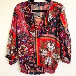 Madison Paige Red blouse women semi sheer deep V neck long sleeve top size L